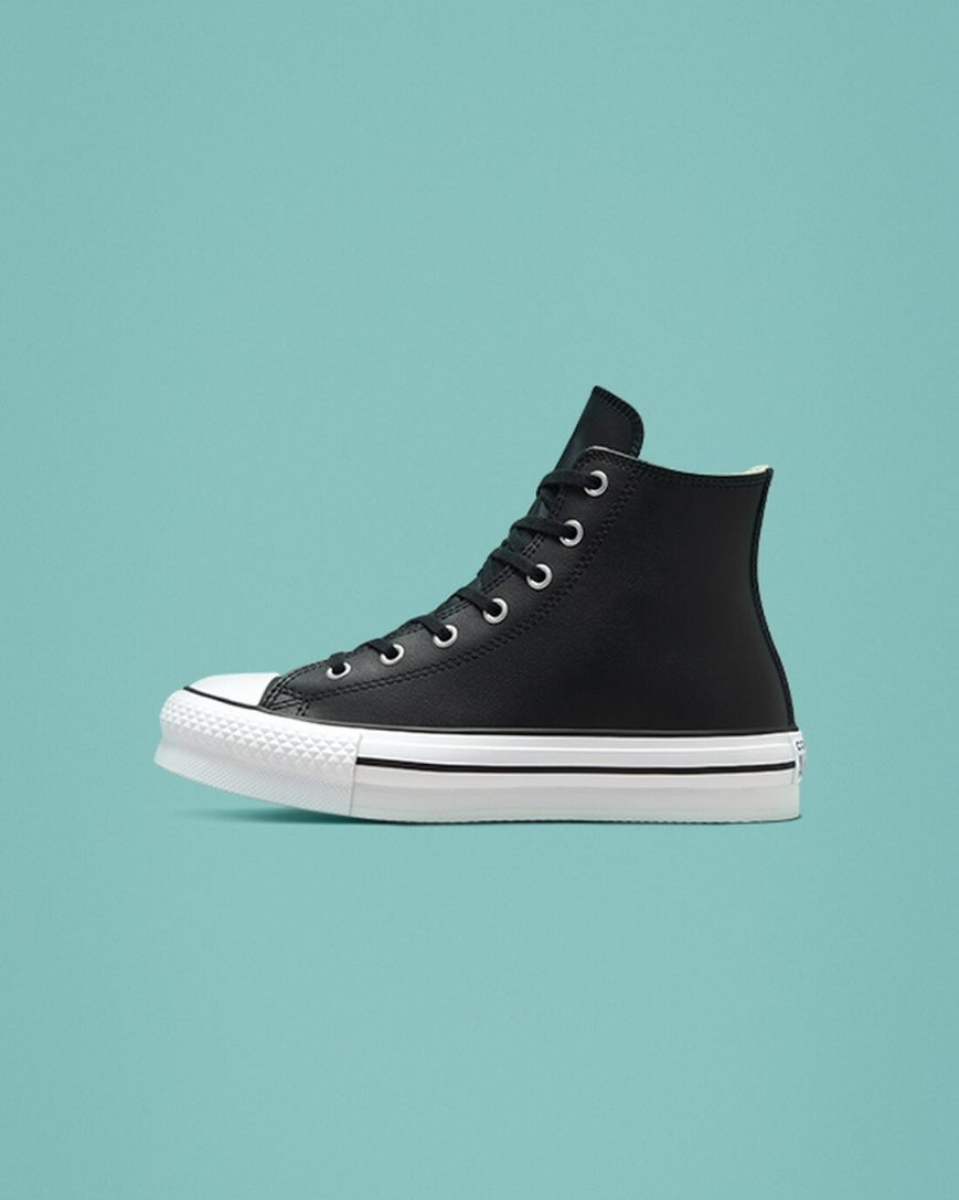 Topanky Na Platforme Converse Chuck Taylor All Star Lift Kozene Vysoke Chlapcenske Čierne Béžové Biele | SK L5AFD0